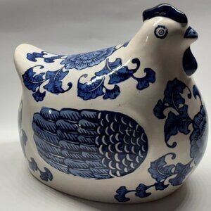 Big Blue and White Ceramic Chicken Hen Figurine farmhouse